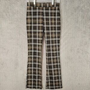 Womens Plaid Flare Pants Black Tan High Rise Stretch Knit M 7-9 No Boundaries